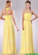 Lovely Halter Top Chiffon Ruched Long  Dama Dress in Yellow
