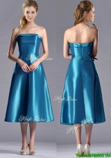 2016 Luxurious A Line Strapless Tea Length Bridesmaid Dress in Teal