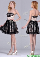 Modern Strapless Black Short Bridesmaid Dress with Lace and Belt