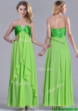 Discount  Beaded Decorated V Neck Spring Green Dama Dress in Ankle Length
