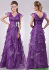 Low Price V Neck Eggplant Purple Mother Groom Dress with Beading and Ruffles