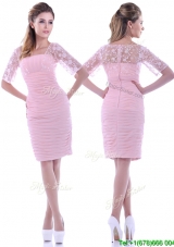 Elegant Ruched and Laced Square Baby Pink Mother Groom Dress with Half Sleeves