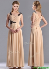 Elegant  Cap Sleeves Champagne Mother Groom Dress with Black Appliques