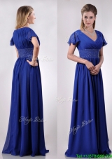 Elegant  V Neck Beaded Blue Long Mother Groom Dress with Short Sleeves