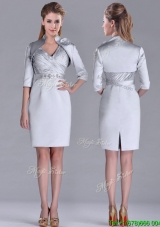 Popular Column Belted with Beading Silver Mother Groom Dress with V Neck