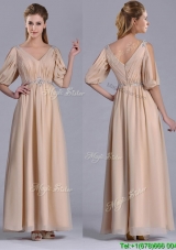 Elegant  Beaded and Ruched V Neck Long Mother Groom Dress in Champagne