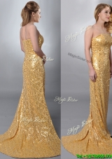 Luxurious Column Strapless Sequined Gold Cheap Dress with Brush Train