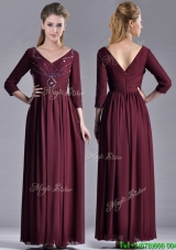 Elegant  Beaded V Neck Burgundy Mother Groom Dress with Three Fourth Length Sleeves