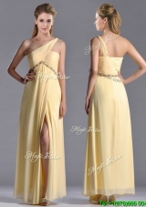 Exquisite One Shoulder Yellow Cheap Dress with Beading and High Slit