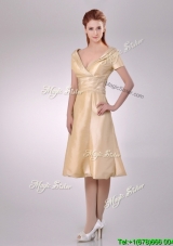 Hot Sale V Neck Champagne Tea Length Cheap Dress with Short Sleeves