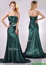 Modest One Shoulder Dark Green Cheap Dress in Elastic Woven Satin
