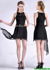 Modern Scoop Asymmetrical Black Chiffon Cheap Dress with Beading