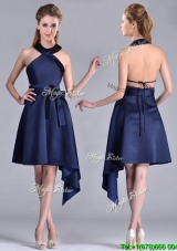 Elegant Halter Top Asymmetrical Navy Blue Cheap Dress in Satin
