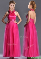 Exclusive Hot Pink Mother Groom Dress with Handcrafted Flowers Decorated Halter Top