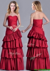 Modest Taffeta A Line Wine Red Cheap Dress with Ruffled Layers
