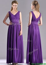 Elegant  V Neck Purple Mother Groom Dress with Beading and Pleats