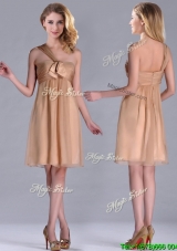 New Style One Shoulder Chiffon Short Cheap Dress in Champagne