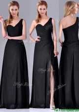 Elegant  One Shoulder Black Mother Groom  Dress with Ruching and High Slit