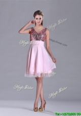 Latest V Neck Sequined Decorated Bodice Cheap Dress in Baby Pink