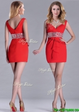 Hot Sale Beaded Decorated Waist V Neck Cheap Dress in Red