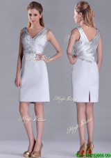 Modern V Neck Belted with Beading Cheap Dress in Silver