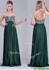 Popular Brush Train Beaded Bust and Pleated Cheap Dress in Hunter Green