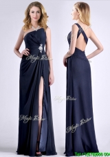 Exquisite One Shoulder Navy Blue Cheap Dress with Beading and High Slit