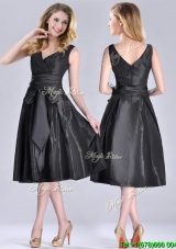 Popular Empire Black Tea Length Cheap Dress with Ruching and Bowknot