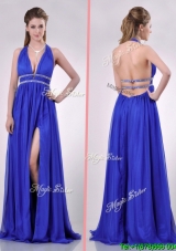 New Halter Top Blue Backless Cheap Dress with Beading and High Slit