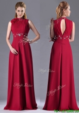 Empire High Neck Open Back Red Mother Groom Dress with Beading and Hand Crafted