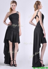 Romantic High Low One Shoulder Black Cheap Dress with Criss Cross