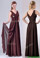 Simple Empire V Neck Chiffon Long  Mother Groom Dress in Brown