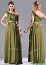 Empire One Shoulder Ruched and Belt Mother Groom Dress in Olive Green