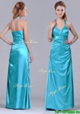 2016 Column Halter Top Elastic Woven Satin Aqua Blue Cheap Dress with Ruching