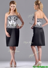 Column Strapless Knee-length Short Cheap Dress with Embroidery
