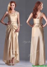 Champagne Ankle-length Beaded Side Zipper Mother Groom Dress with One Shoulde