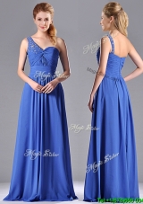 Column Chiffon Beading and Ruching Blue Cheap Dress with One Shoulder