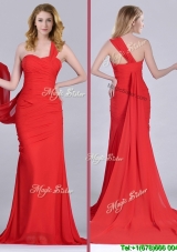 Column One Shoulder Watteau Train Coral Red Cheap Dress with Side Zipper
