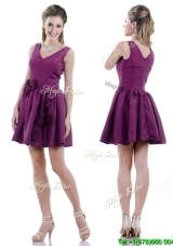Sexy V Neck Taffeta Purple Prom Dress with Handcrafted Flowers