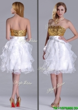 Classical Organza Sequined and Ruffled Cheap Dress in White and Gold
