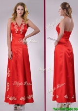 Modest Column Halter Top Backless Red Cheap Dress with Appliques