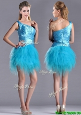 Sexy One Shoulder Ruched and Ruffled Aqua Blue Prom Dress in Tulle