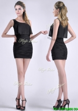 Sexy Column Scoop Black Prom Dress with Appliques and Ruching