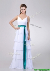 Sexy White Prom Dress with Ruffled Layers and Turquoise Belt
