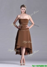 Sexy Beaded Strapless High Low Brown Prom Dress in Chiffon