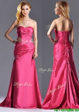 Sexy Beaded and Ruched Coral Red Column Prom Dress with Brush Train