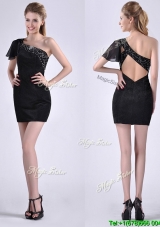 Sexy One Shoulder Black Prom Dress with Beaded Decorated Criss Cross