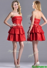 Sexy  Red Strapless Prom Dress with Ruffled Layers and Beading