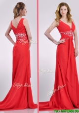 Sexy V Neck Brush Train Chiffon Beaded Prom Dress in Coral Red