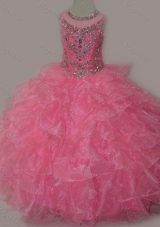 Rose Pink Ball Gown Scoop Beaded Bodice Lace Up Little Girl Pageant Dress
